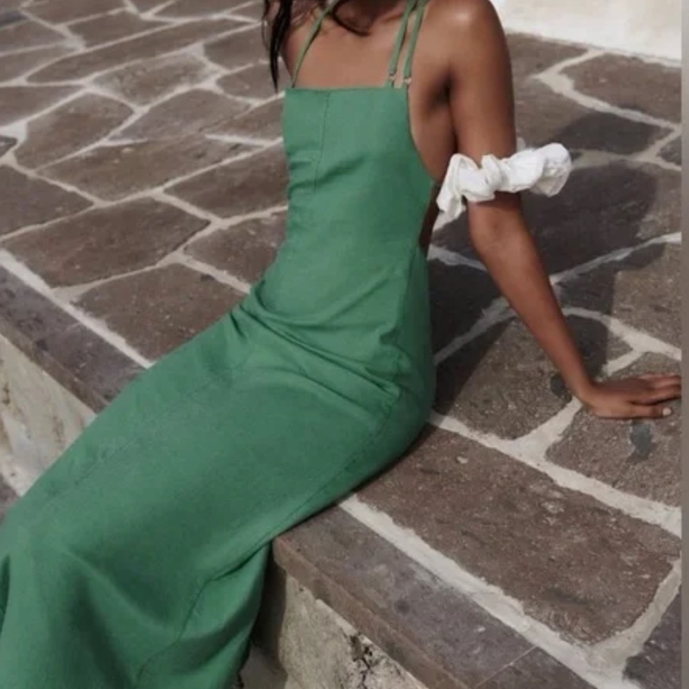 ZARA Linen Blend Open Back Midi Maxi Dress Green Size Medium Sleeveless Sz XS